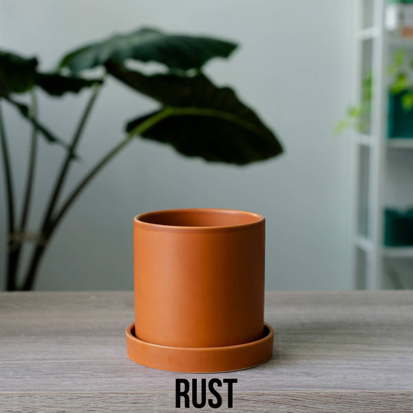 4 Inch Ceramic Cylinder Planter with Drainage and Tray: Rust